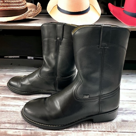 Justin Basics Black Cowboy Leather Roper Boot Men's Size 9EE - Picture 1 of 16